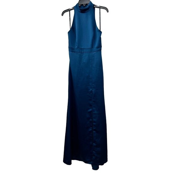 New Lovely Size 4 High Neck Backless Maxi Dress w/Slim Belt Atlantic Blue *Stain - Picture 2 of 16